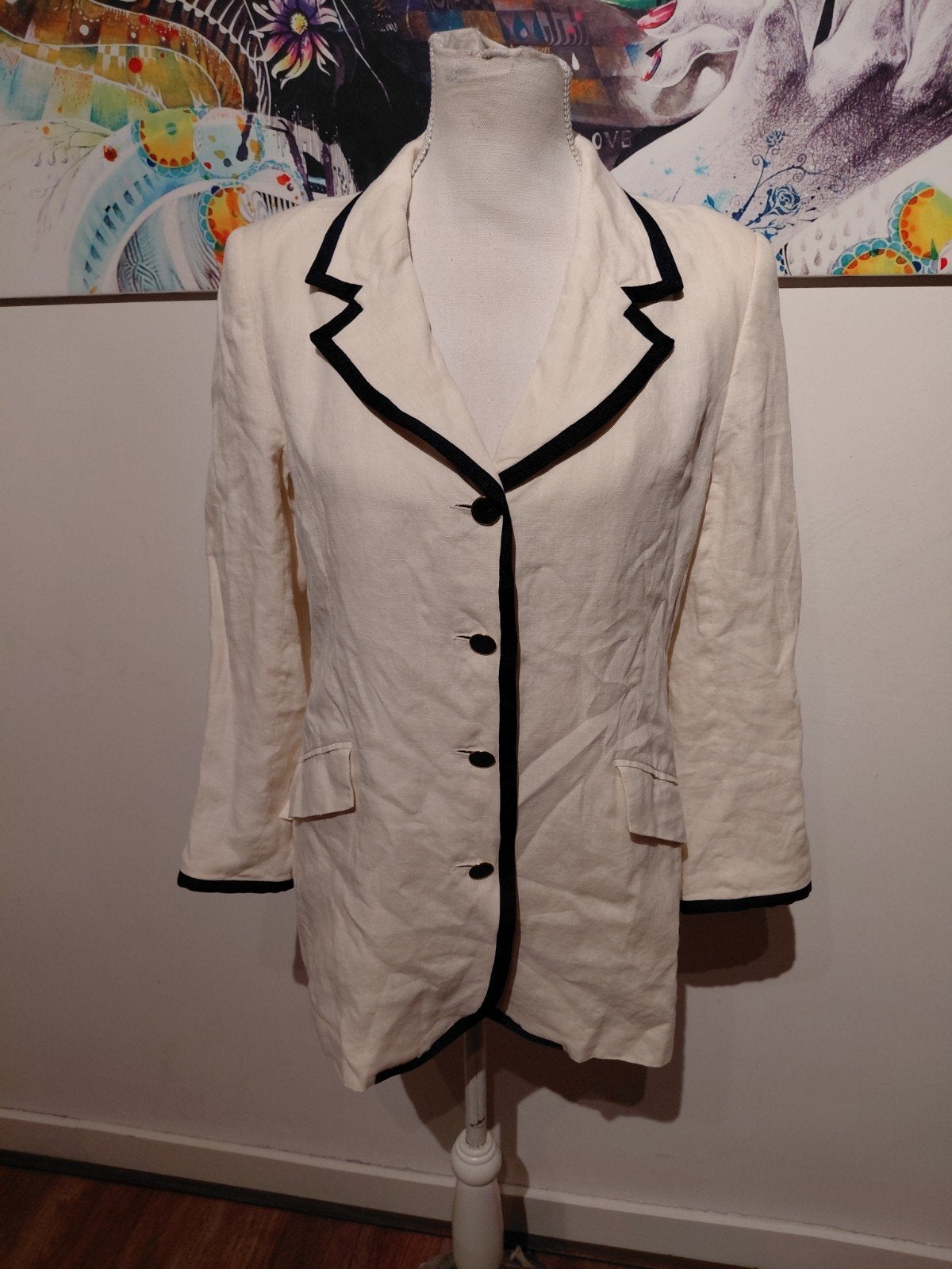 Vintage Laura Ashley linnen colbert maat 36, Wit, Ophalen of Verzenden, Zo goed als nieuw, Jasje