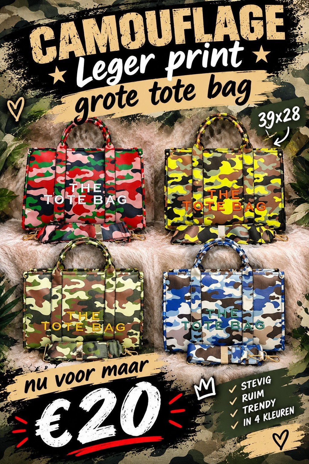 Camouflage Legerprint Grote Tote Bag - Diverse Kleuren, Ophalen of Verzenden, Nieuw, Overige kleuren, Shopper