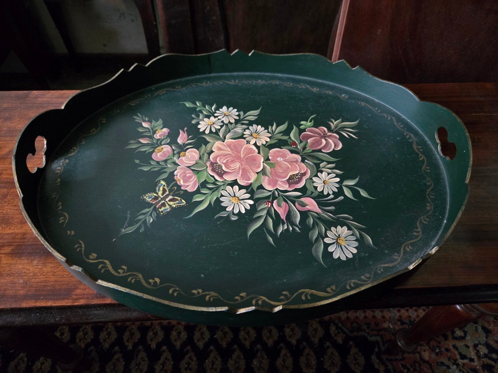 Vintage dienblad donkergroen beschilderd bloemen, Huis en Inrichting, Woonaccessoires | Dienbladen, Ophalen of Verzenden, Rechthoekig