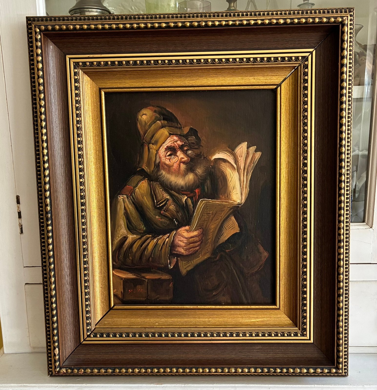Oud olieverf- schilderij oude man die leest, Antiek en Kunst, Kunst | Schilderijen | Klassiek, Ophalen of Verzenden