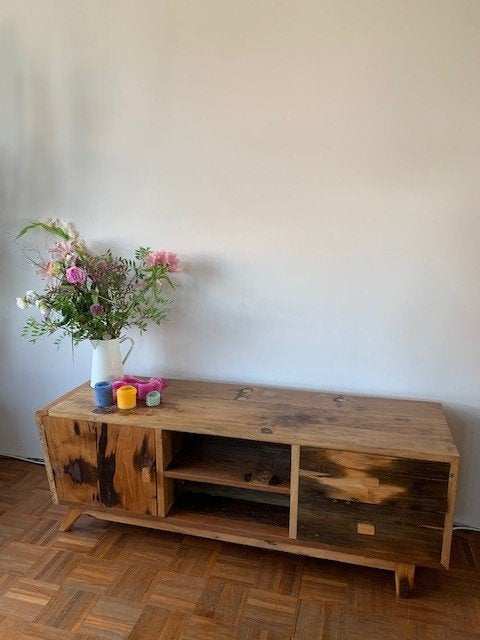 Uniek handgemaakt tv-meubel dressoir van boothout Indonesië, Ophalen, Gebruikt, 100 tot 150 cm, Boho, Rustiek, Industrieel