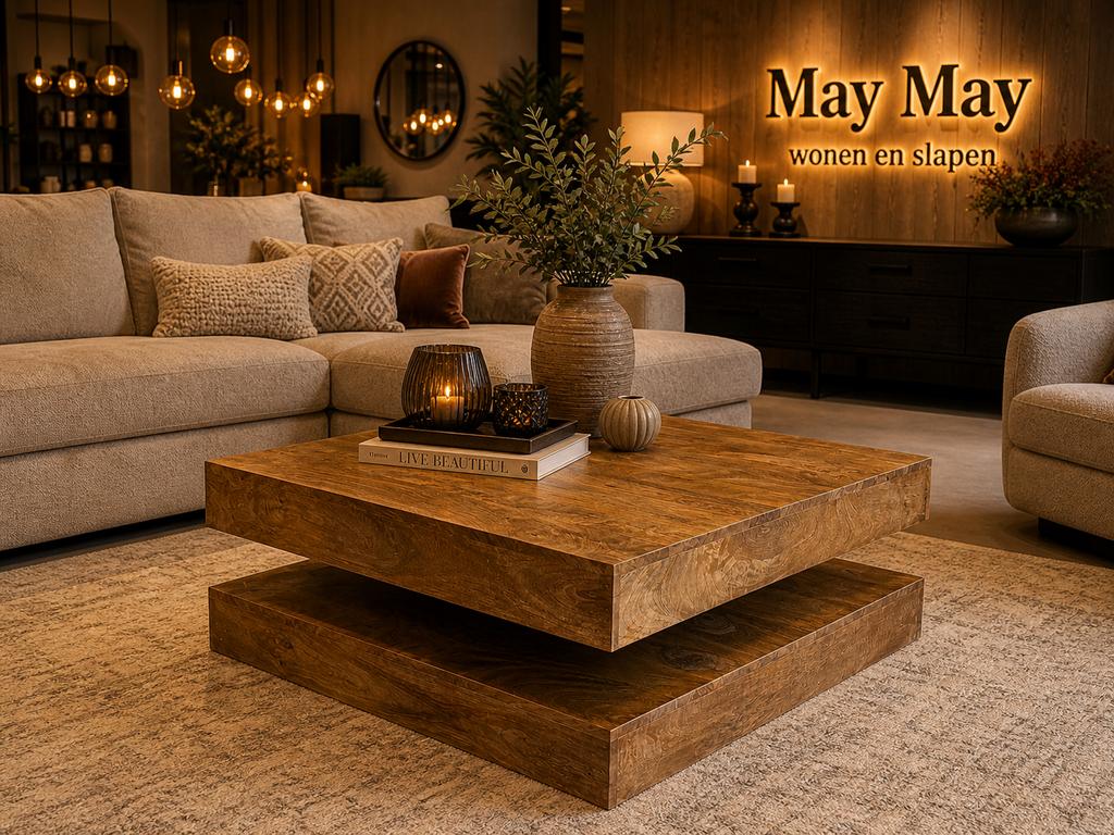 Salontafel Vierkant 90x90x36.5 Donker Mangohout E-7365, Ophalen, 50 tot 100 cm, Vierkant, Nieuw