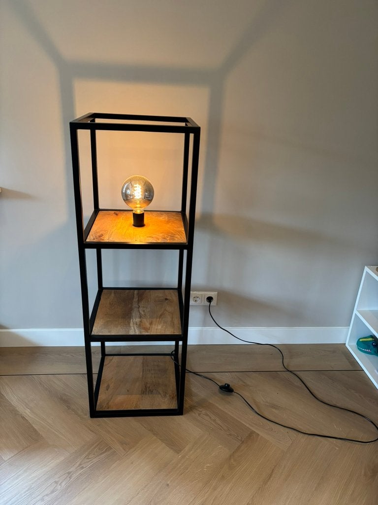 Stoer lampmeubel van mangohout & staal, Huis en Inrichting, Ophalen, Gebruikt, 100 tot 150 cm, E27 (groot)