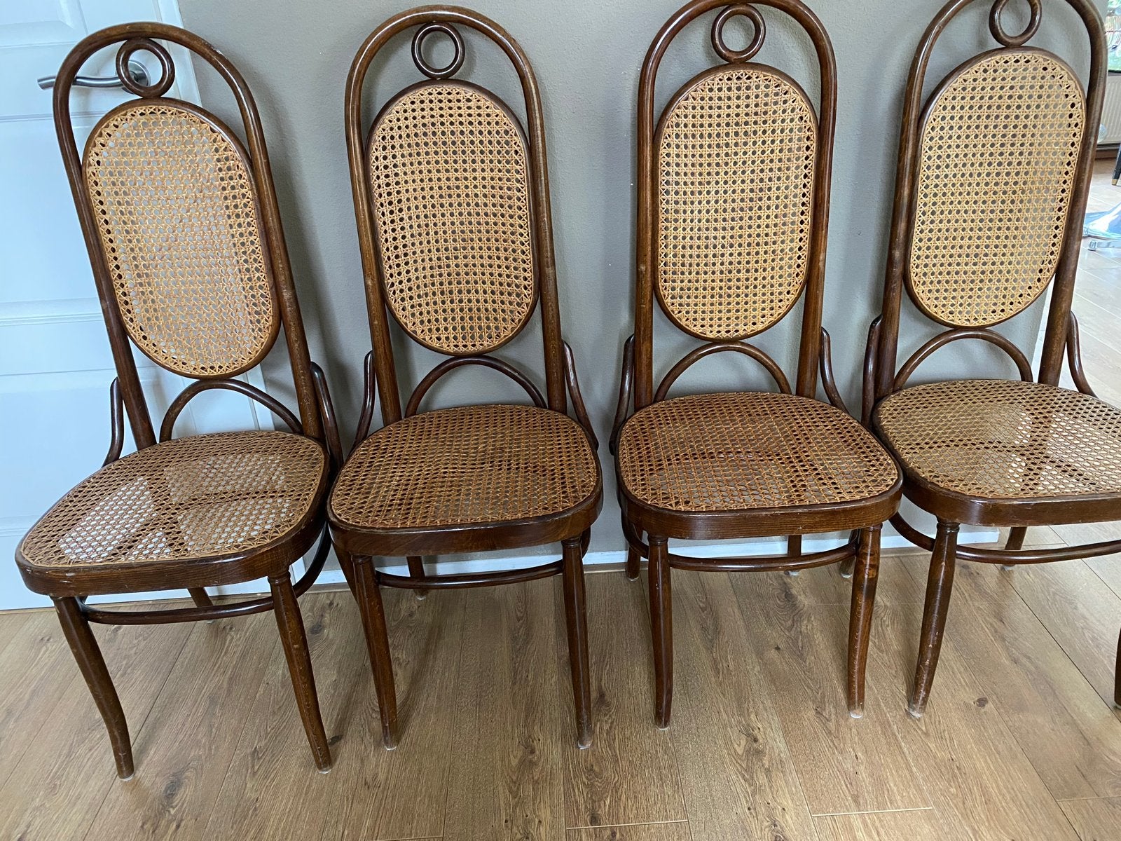 😍 4 vintage Thonet stoelen 'Lange Jan' met webbing, Ophalen