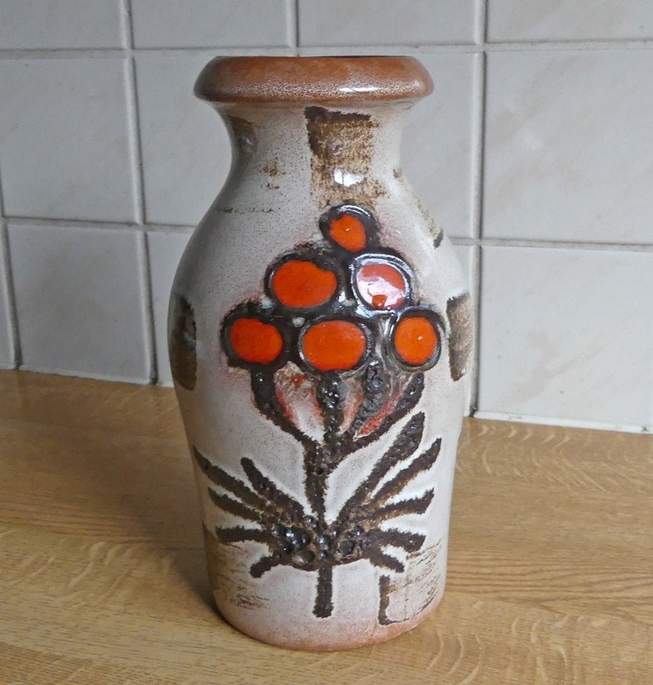 Scheurich 208-21 vintage vaas fat lava bloem West-Germany, Gebruikt, Overige kleuren, Aardewerk of Porselein, Ophalen of Verzenden