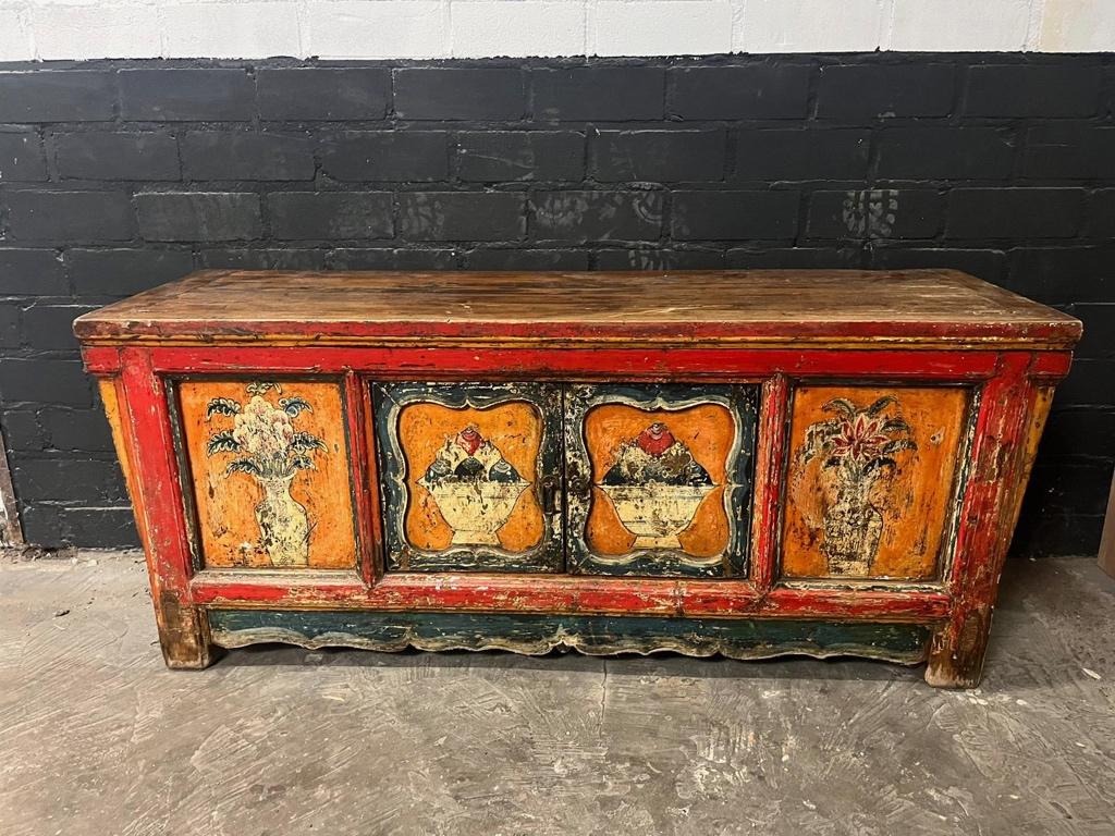 Chinees Tibetaans tv dressoir Chinese Tibet kast beschilderd, Verburgt Vintage, Gebruikt, 100 tot 150 cm, Ophalen of Verzenden
