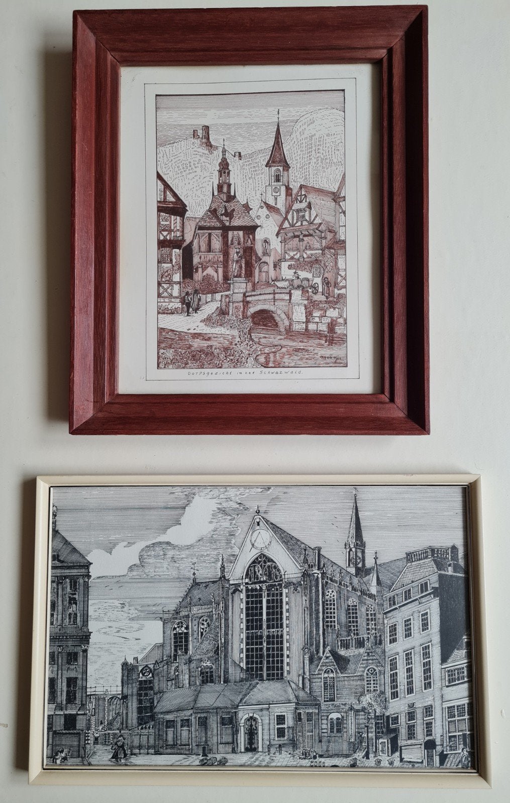 Pentekeningen 3 ingelijst Binnenhof,Kerk Zwolle, Schwarzwald, Ophalen of Verzenden, Tekening, Pentekening, Gesigneerd
