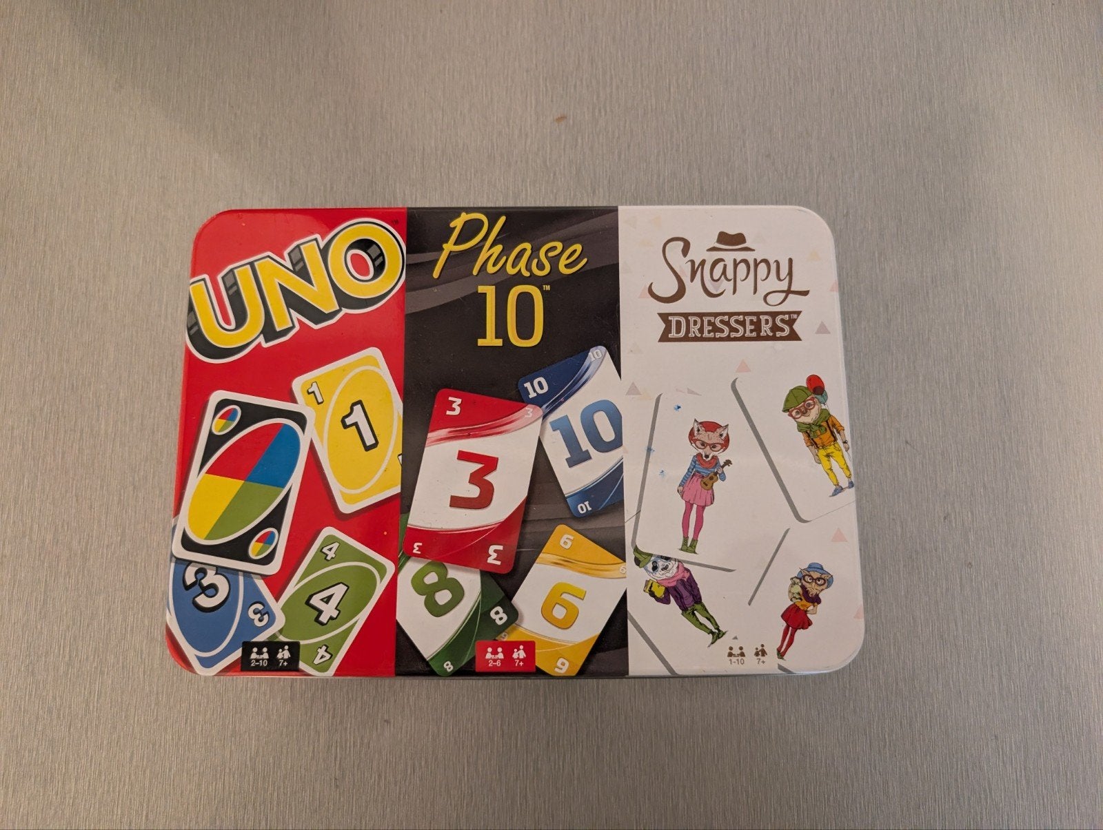 UNO, Phase 10 & Snappy Dressers kaartspellen in blik, Een of twee spelers, Ophalen of Verzenden, Zo goed als nieuw, Mattel