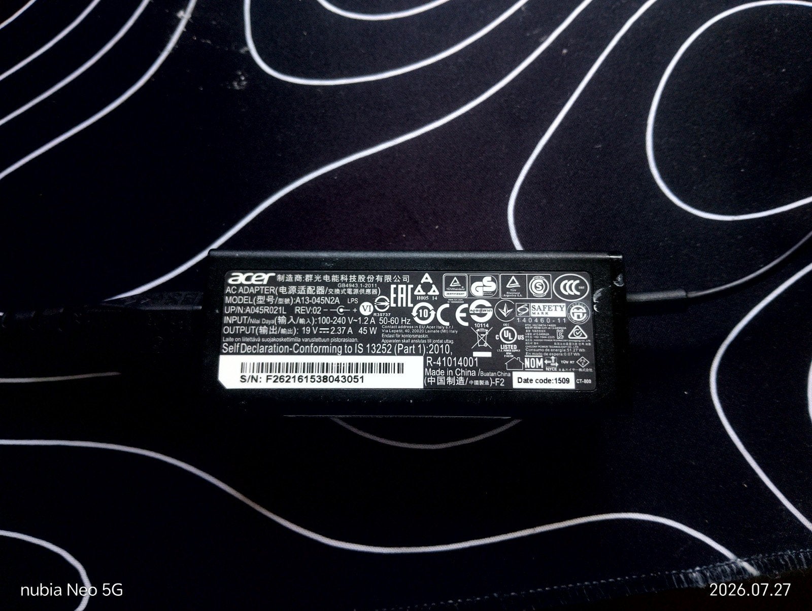 Acer laptopvoeding - origineel en in goede staat, Computers en Software, Laptop-opladers, Ophalen, Zo goed als nieuw, Acer