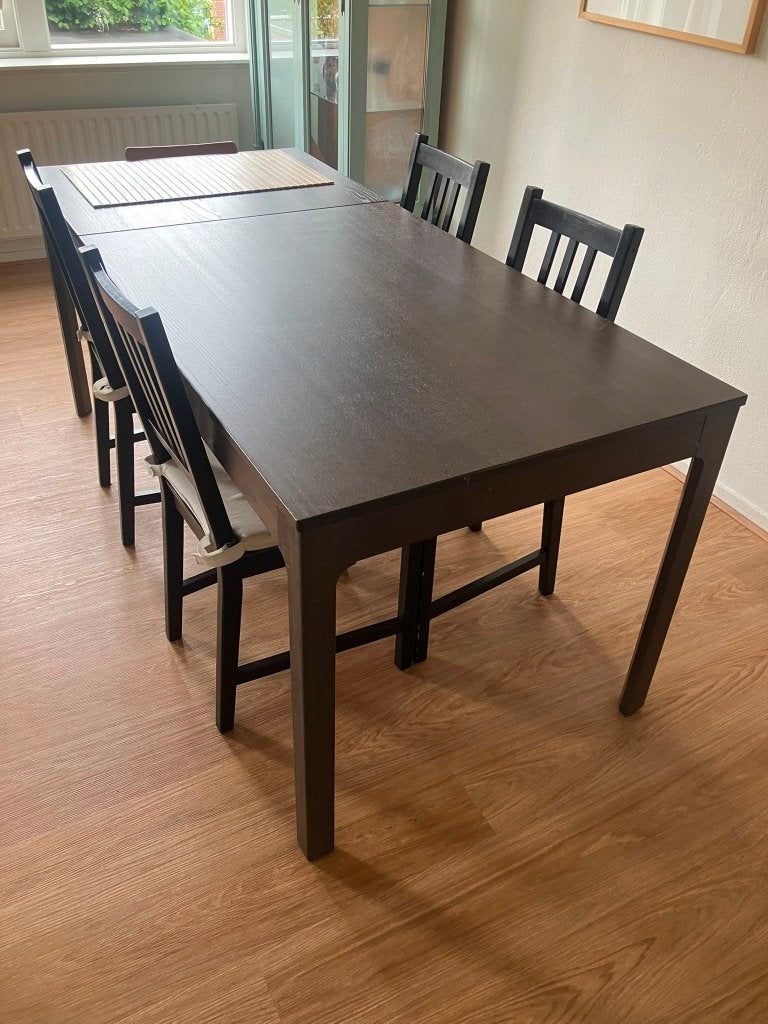 Uitschuifbare eettafel met 4 stoelen - Donkerbruin, Ophalen, Gebruikt, 50 tot 100 cm, Vijf personen of meer