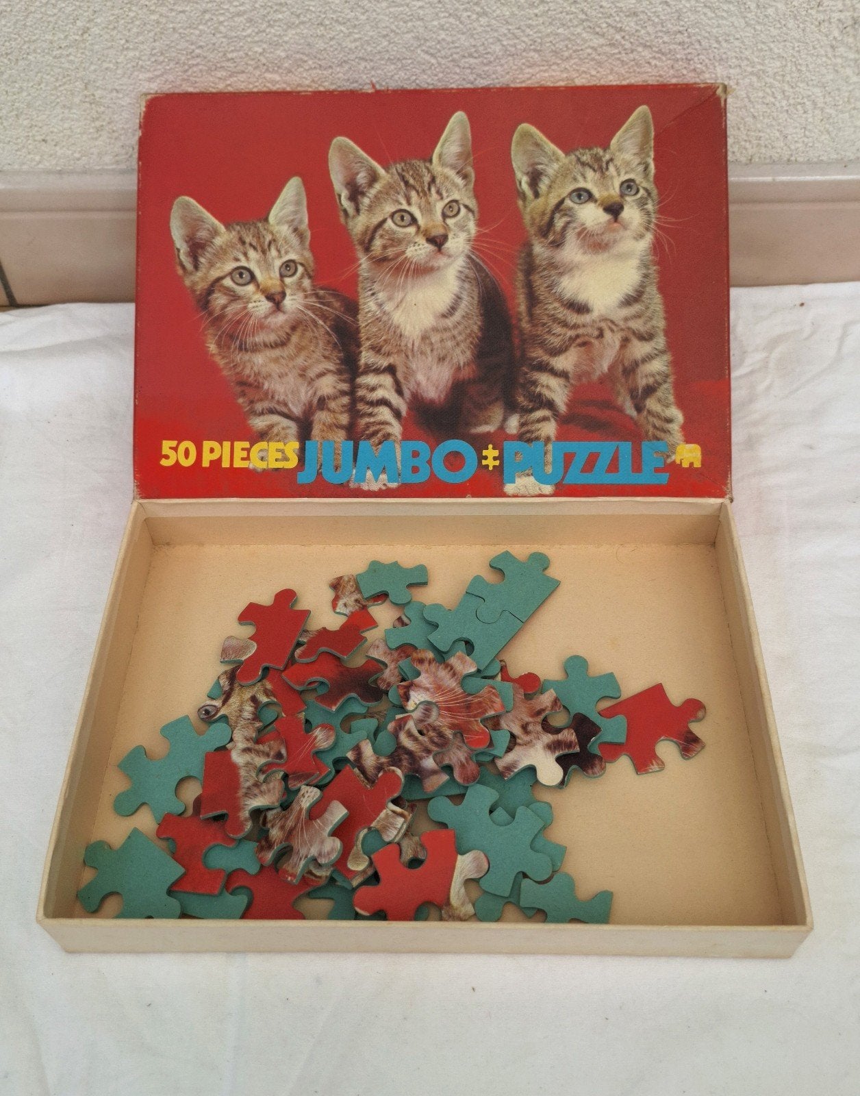 Vintage Jumbo Puzzel met 3 Kittens - 50 Stukjes, Ophalen of Verzenden, Minder dan 500 stukjes, Gebruikt, Legpuzzel