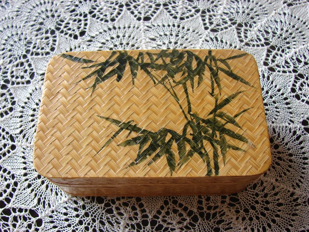 Bamboe oud sieraden doosje met spiegeltje., Ophalen of Verzenden