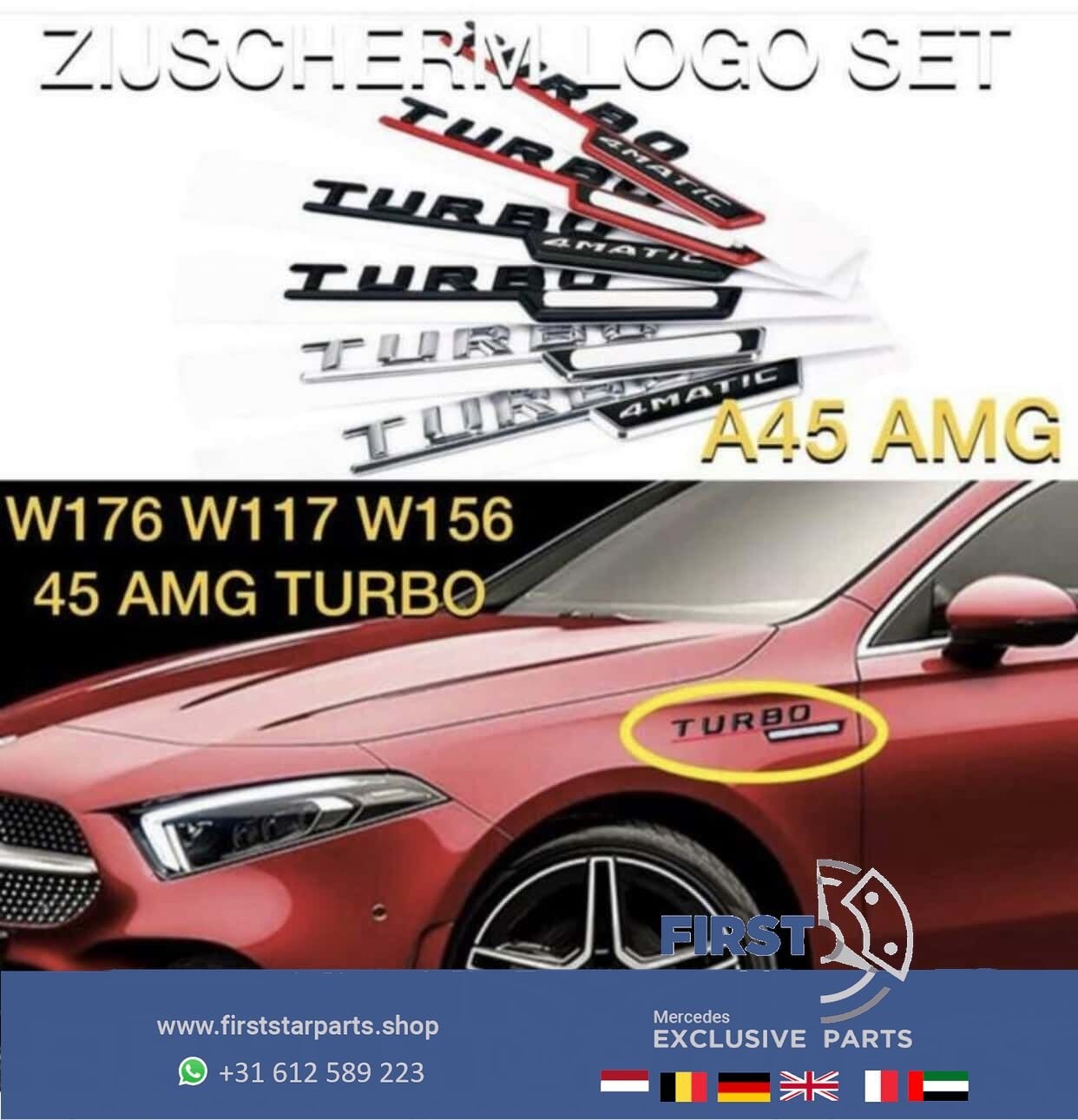 Mercedes Turbo 4 matic embleem 45 AMG LOGO SET ZWART CHROOM, Gebruikt, -, Voor, Ophalen of Verzenden