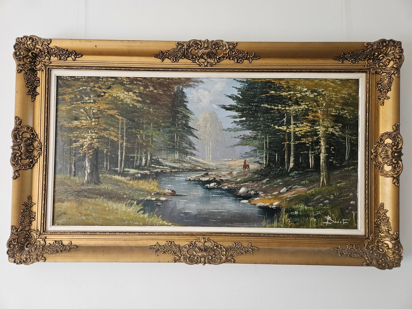 Schilderij met boslandschap en beek, gesigneerd, Antiek en Kunst, Doek, Landschap, Olieverf, Klassiek