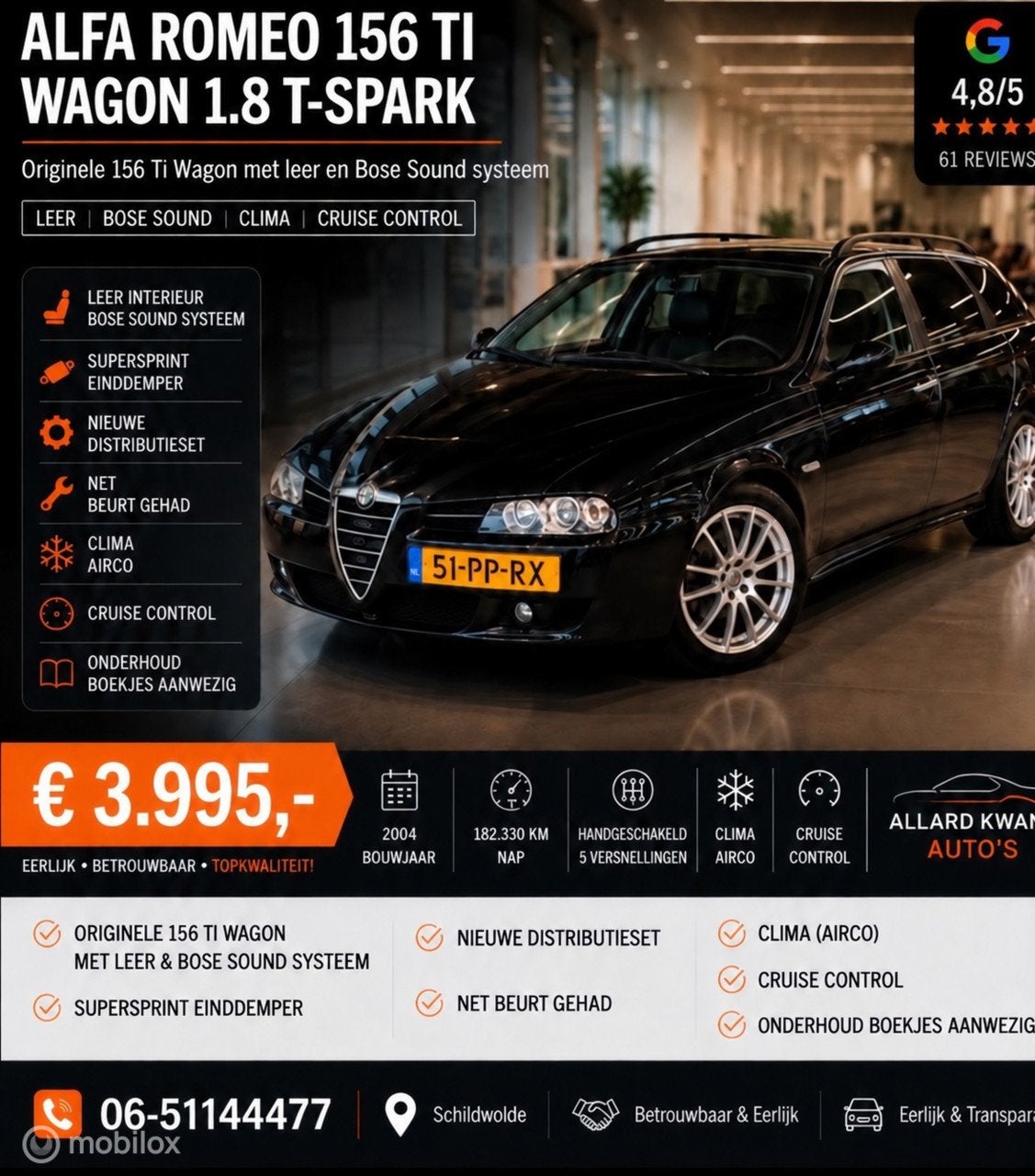 Alfa Romeo 156 Ti Wagon 1.8 TS 140pk/Apk 11-2027/Leer/Bose, Auto's, Voorwielaandrijving, Gebruikt, 4 cilinders, 1290 kg