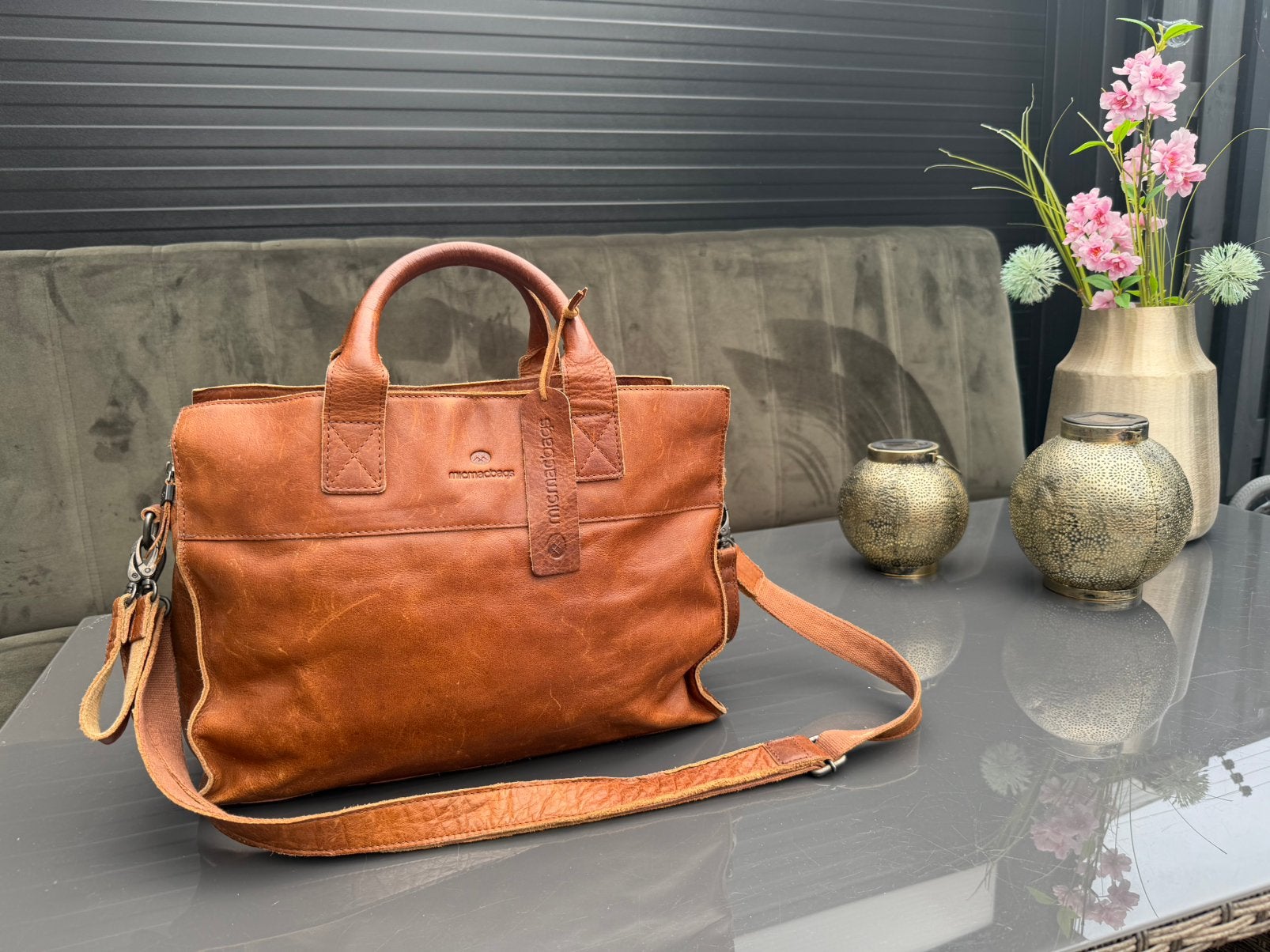 Micmacbags Leren Luiertas Cognac + Verschoonkussen, Kinderen en Baby's, Ophalen, Zo goed als nieuw