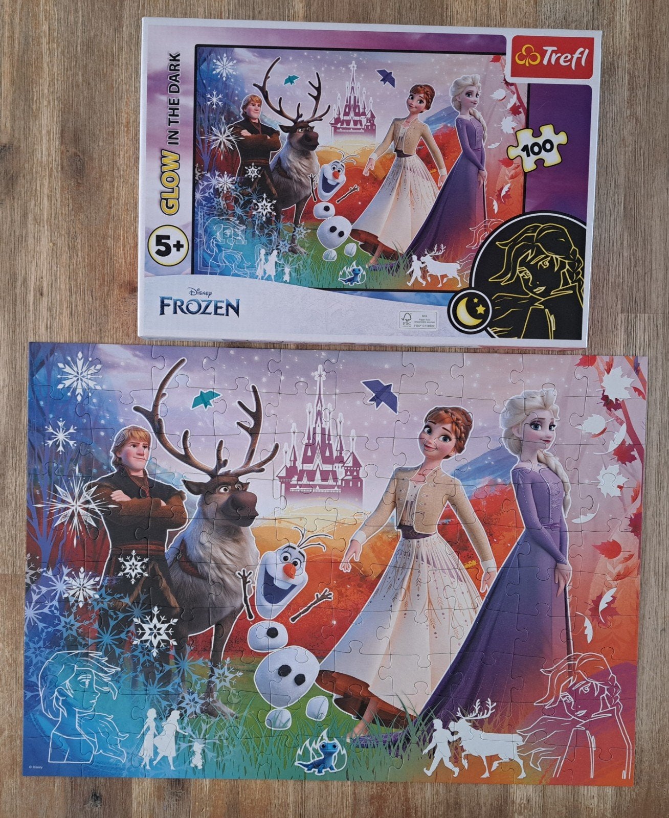 Frozen Glow in the Dark Puzzel - 100 stukjes, Ophalen of Verzenden, Meer dan 50 stukjes, Zo goed als nieuw, 6 jaar of ouder