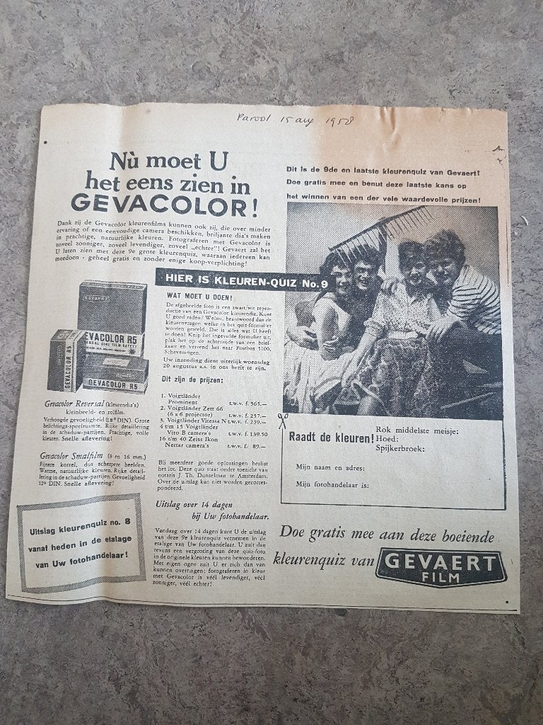 Advertentie Gevacolor film en dia's (1958), Verzamelen, Ophalen of Verzenden, 1940 tot 1960, Knipsel(s)