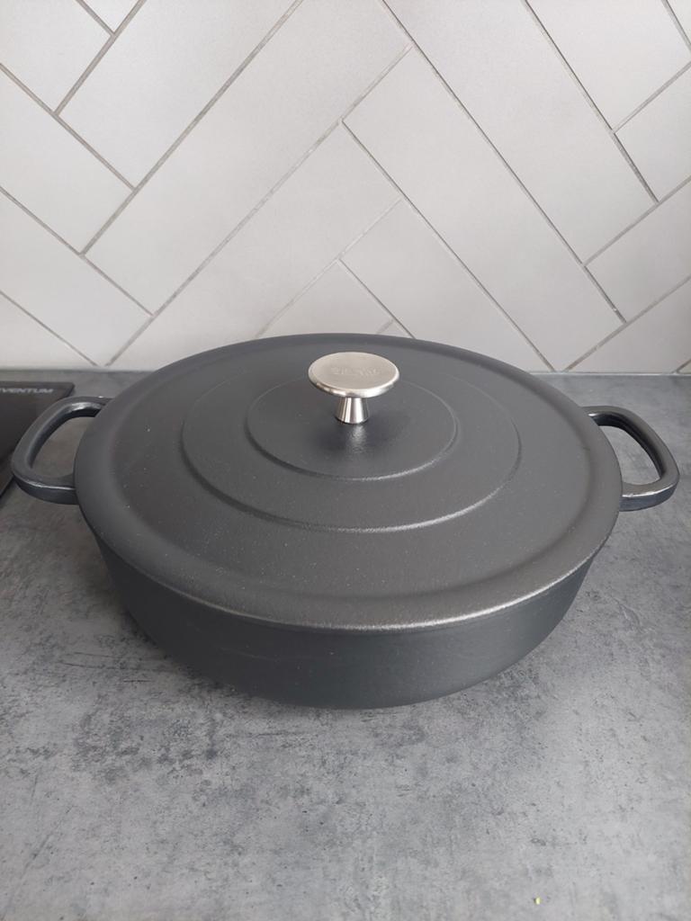 Royal Van Kempen en Begeer gietijzeren pan 28cm, Gebruikt, Gietijzer, Ophalen of Verzenden, Keramische plaat
