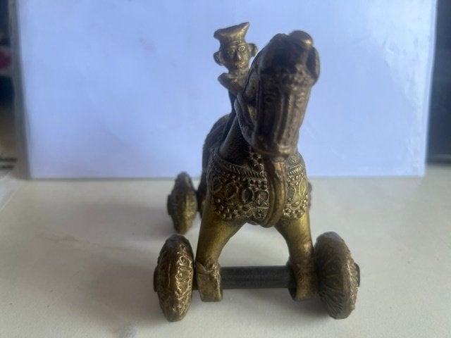 Vintage Bronzen Paard met Ruiter op Wielen, Ophalen of Verzenden