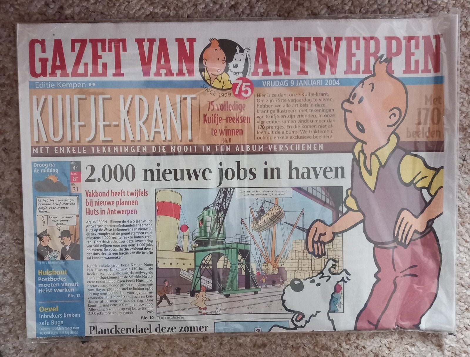 Gazet van Antwerpen Kuifje Krant - 9 januari 2004, Boeken, Ophalen of Verzenden, Nieuw, Krant