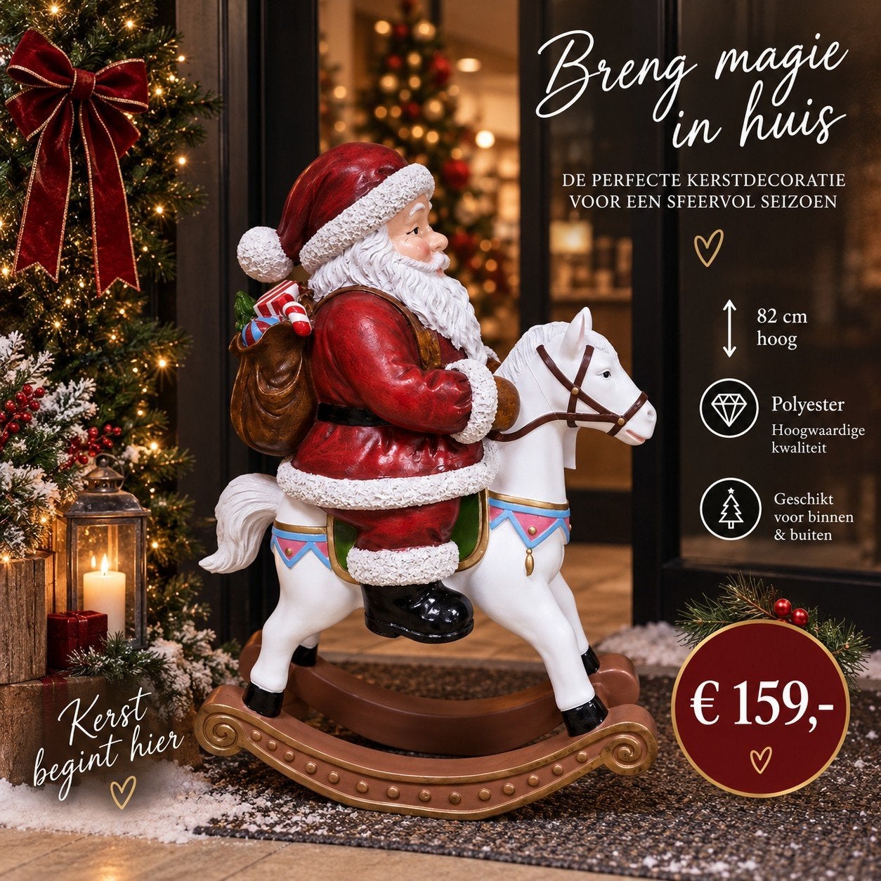 Kerstman op hobbelpaard 82 cm – Exclusief polyester kerstbee, Ophalen, Nieuw