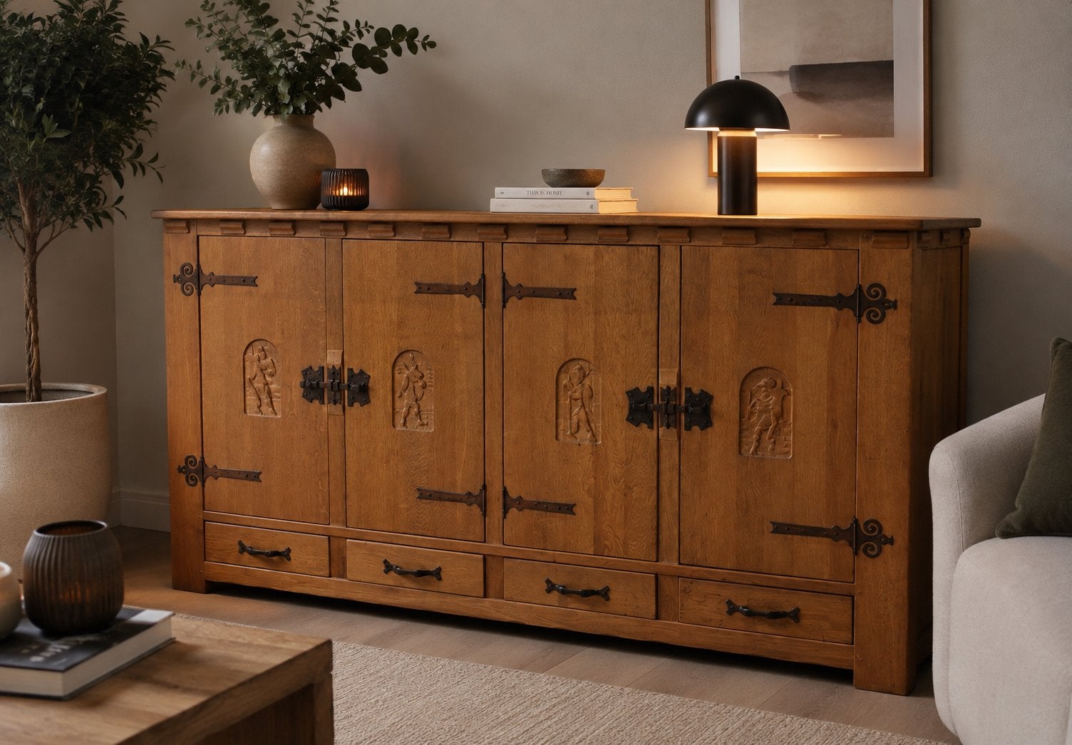Massief eiken dressoir met houtsnijwerk, Antiek en Kunst, Ophalen
