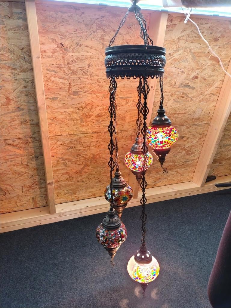 Turkse mozaïek hanglamp met 5 lampen - 130cm lang, Ophalen of Verzenden, Gebruikt, Glas, Turks, Mozaïek, Oosters