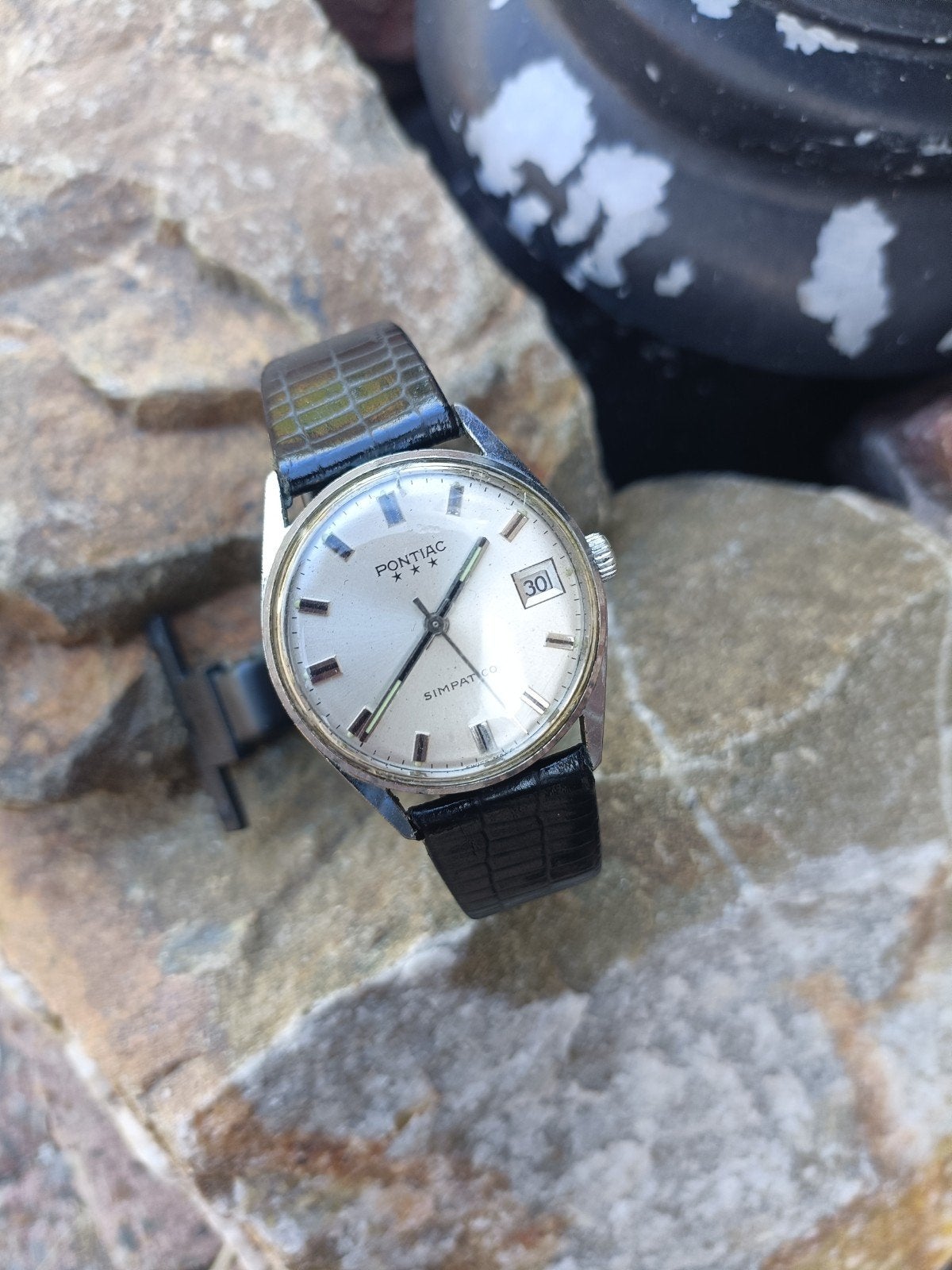 Vintage Heren Horloge Pontiac Simpatico *** Zie Fotos, Ophalen of Verzenden, Gebruikt, Zwart, Android
