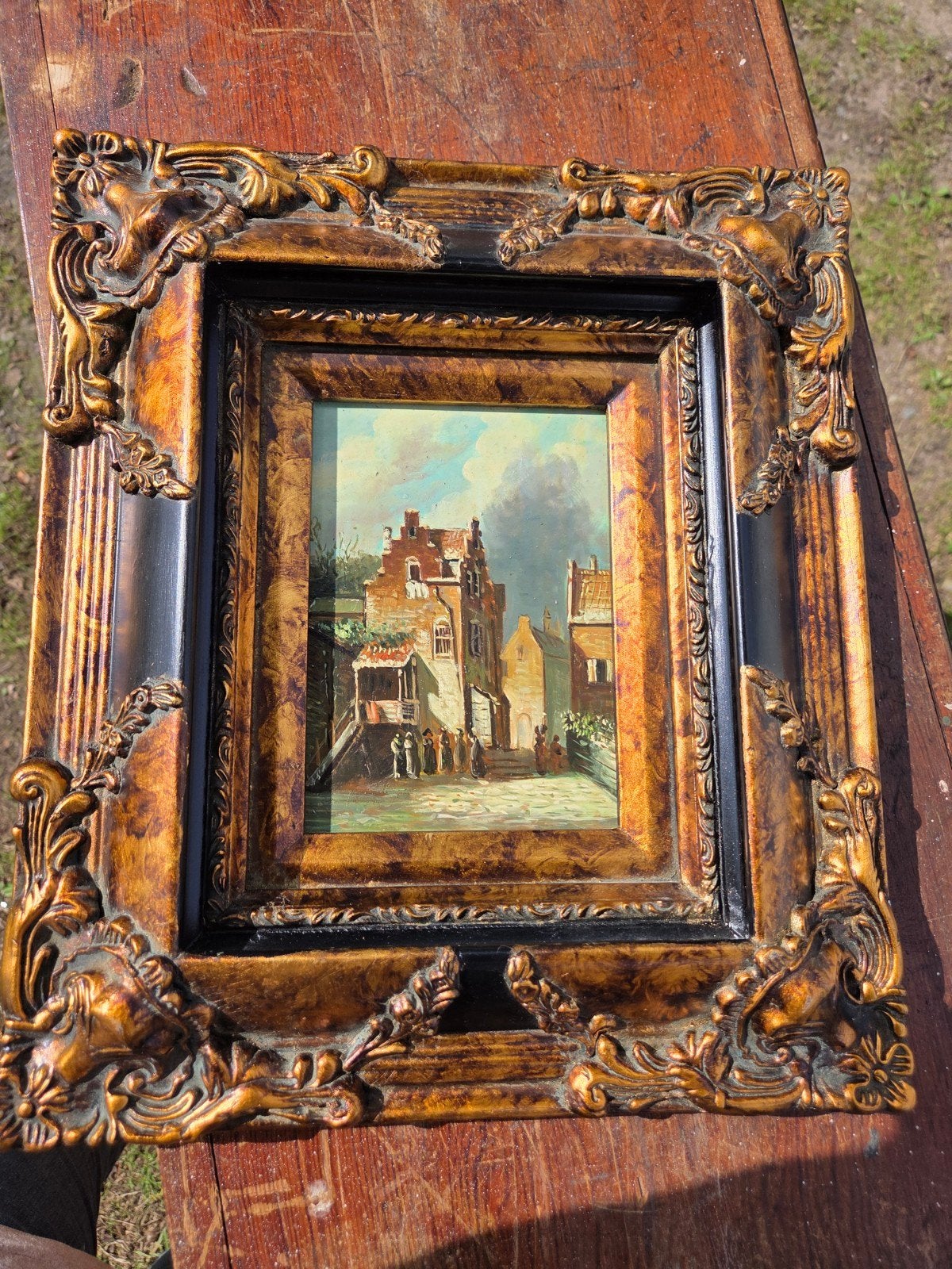 Oud Hollands Stadsgezicht Schilderij in Barok Lijst, Antiek en Kunst, Ophalen, Paneel, Bijzondere lijst, Oud hollands