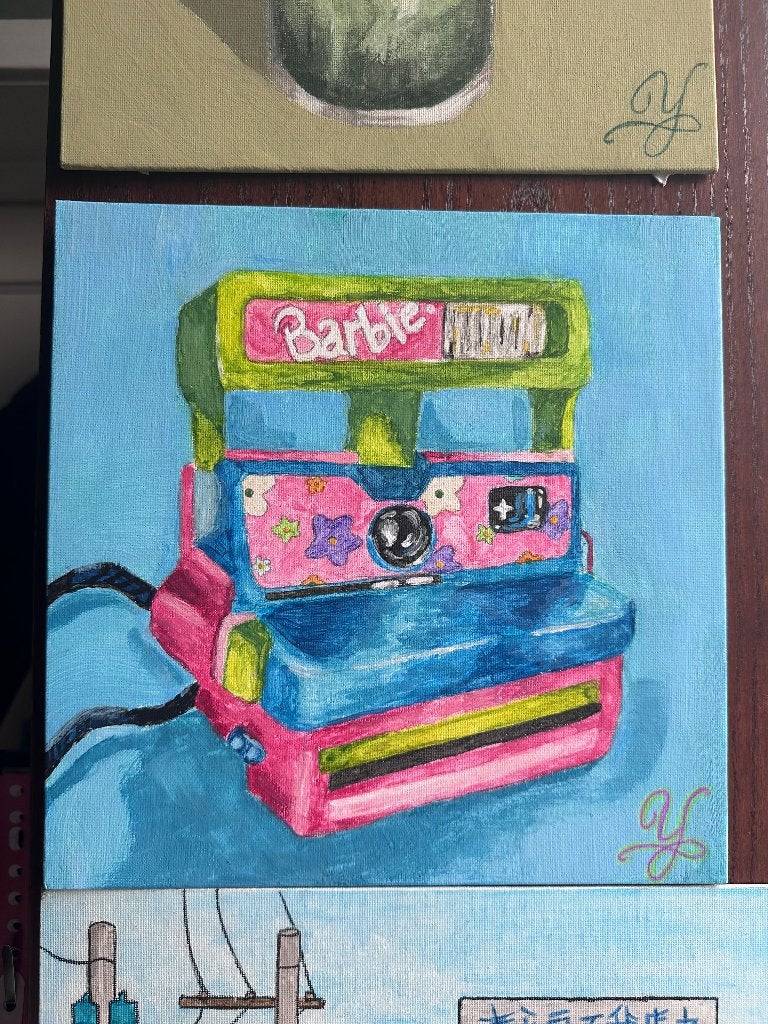 Nostalgische Barbie camera schilderij, Met textuur, Overig onderwerp, Gemengde techniek, Verzenden