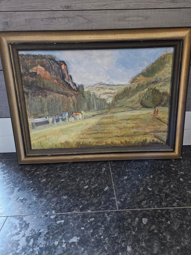 Olieverfschilderij: Berglandschap met dorp en figuren, Antiek en Kunst, Kunst | Schilderijen | Klassiek, Ophalen of Verzenden