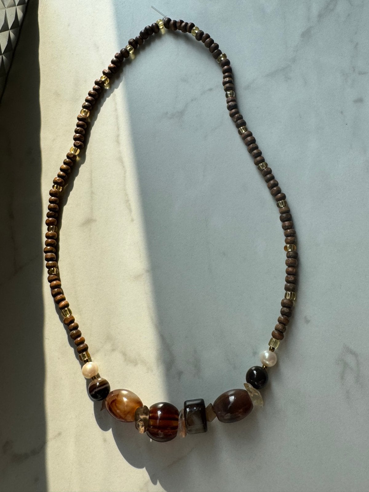 Houten kralen ketting met natuursteen, parels en acryl, Kunststof, Verstelbaar, Bruin, Verzenden