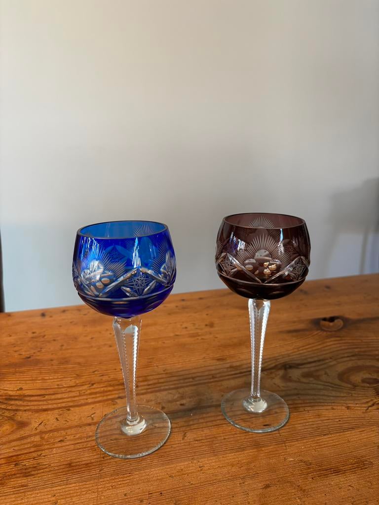 Vintage gekleurde kristallen wijnglazen, Antiek en Kunst, Ophalen of Verzenden