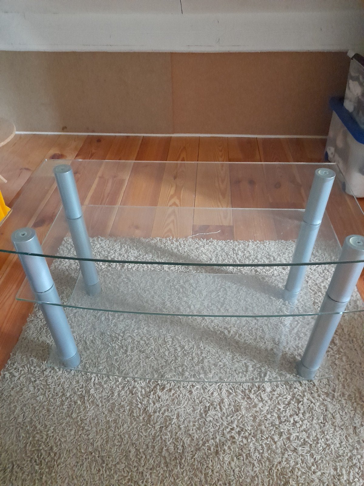 Glazen Tv tafel, Gebruikt, Metaal of Aluminium, 75 cm of meer, Overige vormen