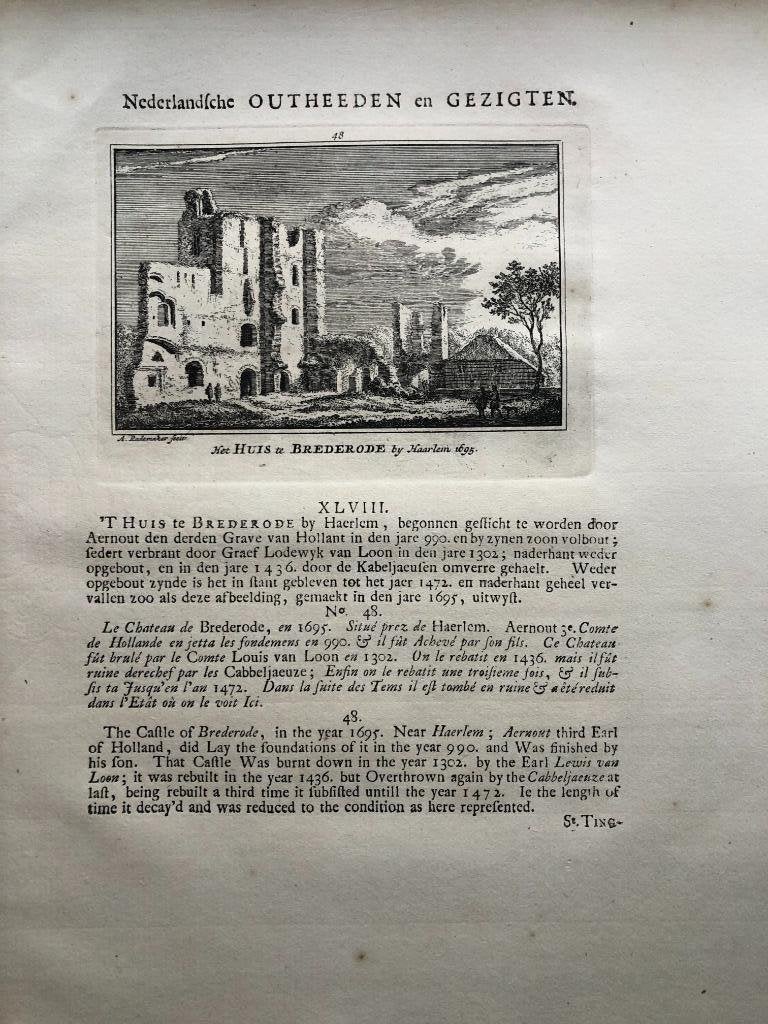 048 / Haarlem het Huis te Brederode Kopergravure 1725, Antiek en Kunst, Ophalen of Verzenden