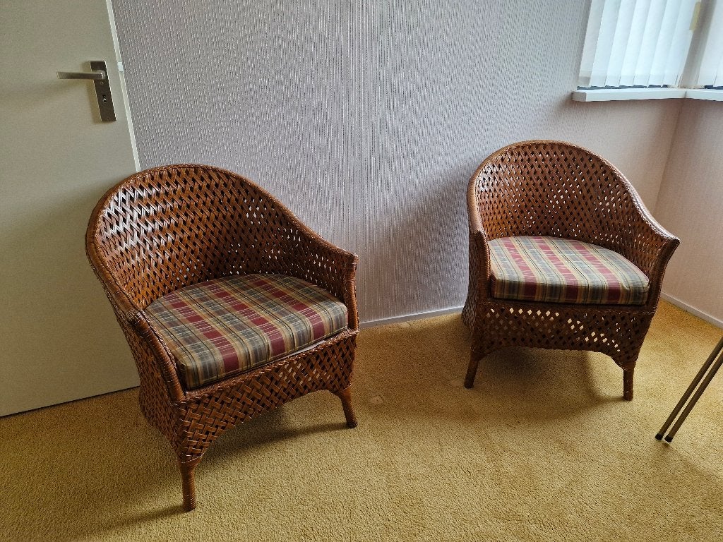 te koop 2 rieten stoeltjes met bijbehorende kussens, Ophalen, Twee, Bruin, Riet of Rotan