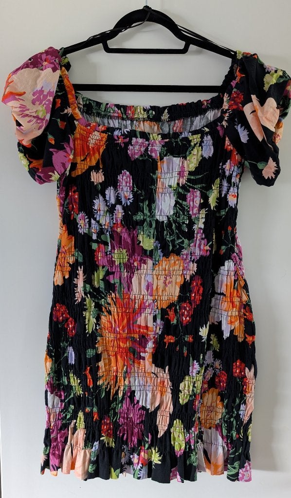 Gesmokte zomerjurk met bloemen L/40, Maat 38/40 (M), H&M, Meerkleurig, Ophalen of Verzenden