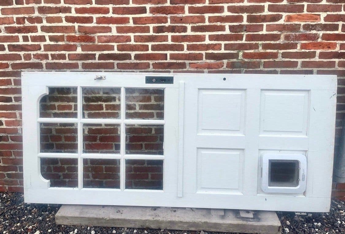 Witte houten buitendeur met glas en kattenluik, Gebruikt, Binnendeur, Minder dan 200 cm, Ophalen of Verzenden
