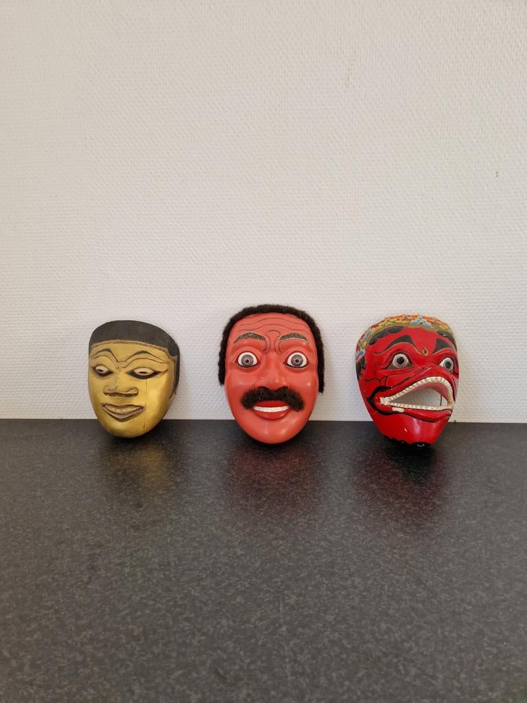 Set van 3 Authentieke Balinese Houten Maskers – Handgemaakt, Antiek en Kunst, Kunst | Niet-Westerse kunst, Ophalen of Verzenden