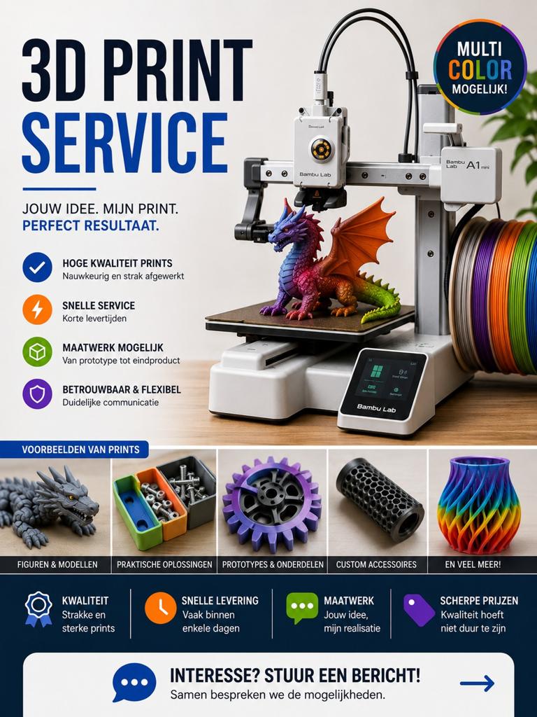 3D print service, Computers en Software, 3D Printers, Ophalen of Verzenden, Nieuw, Filament, Bambulab a1 mini