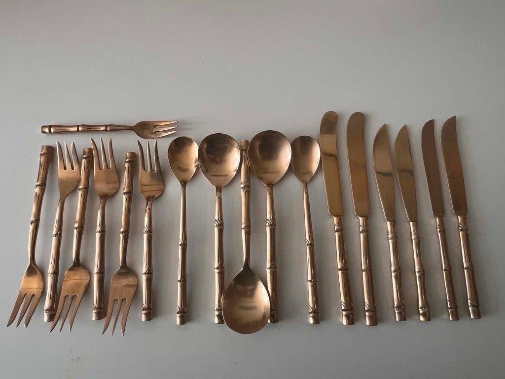 Vintage Messing bestekset in bamboevorm, Antiek en Kunst, Antiek | Bestek, Ophalen