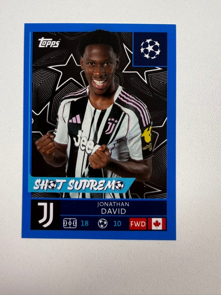 250 Jonathan David Blue Champions League 2025-26 Sticker, Verzamelen, Sportartikelen en Voetbal, Ophalen of Verzenden, Nieuw, Buitenlandse clubs