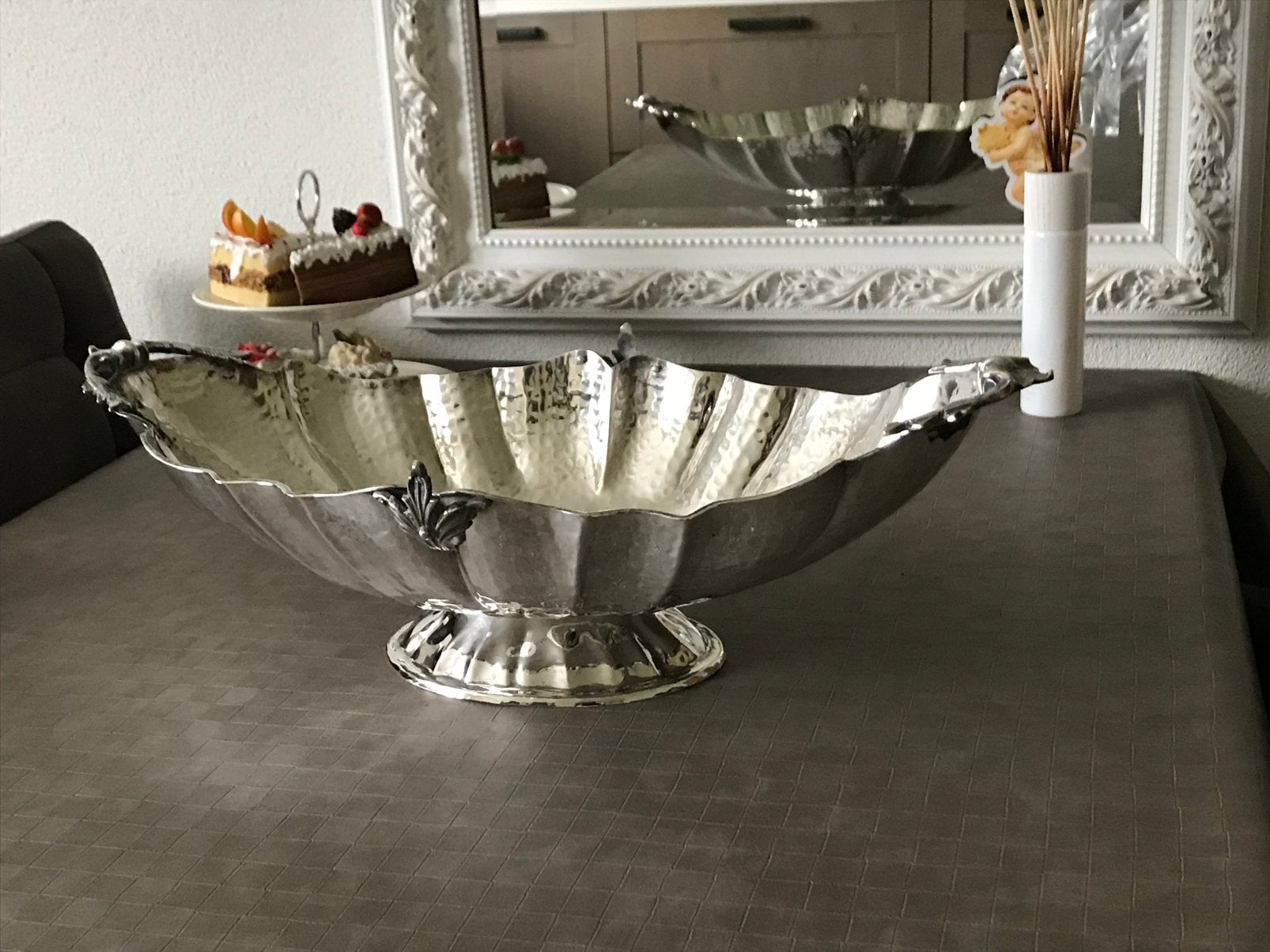 Brocante Curiosa verzilverde schaal op voet, Ophalen