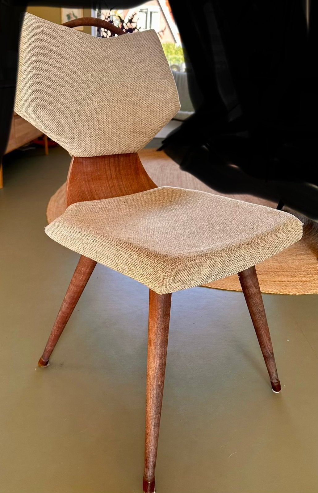 Vintage midcentury stoel jaren 60 teak fineer gebogen rug, Ophalen, Gebruikt, Bruin, Vintage