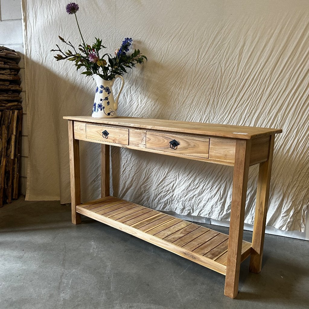 sidetable teak - 2 lades - 140 x 40 cm - Gratis bezorgd, TTM Wonen, Meubels – (Perzische) Tapijten en Woonaccessoires, 100 tot 150 cm