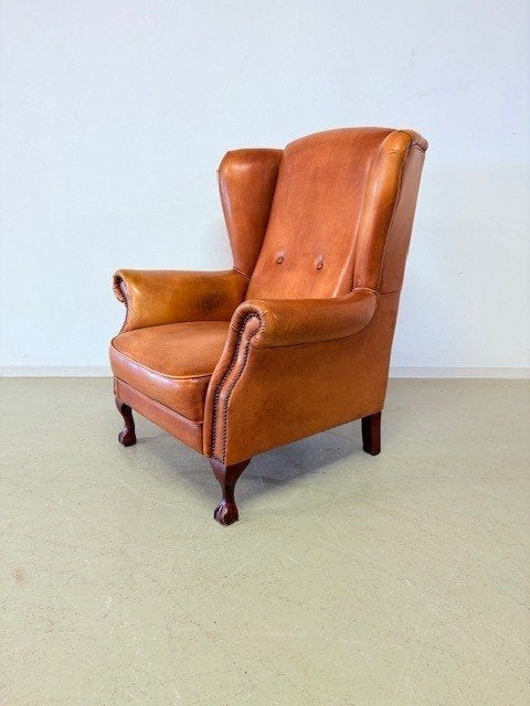 Stoere oorfauteuil in volnerf rundleer, Huis en Inrichting, Ophalen, Gebruikt, Klassiek / Engels / Ambachtelijk, 75 tot 100 cm