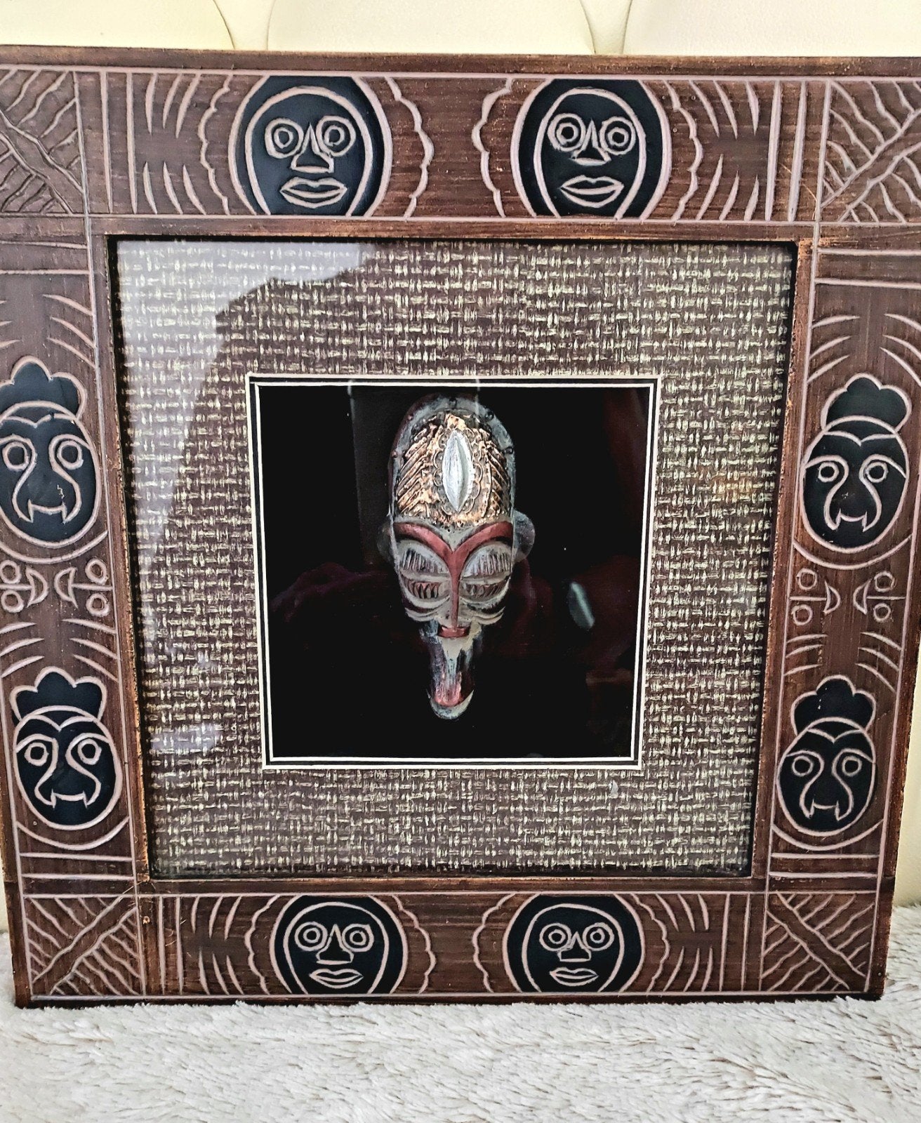 2 Afrikaanse hoofden / kunst in lijsten, Ophalen of Verzenden, Vrijstaande haard, Elektrische haard