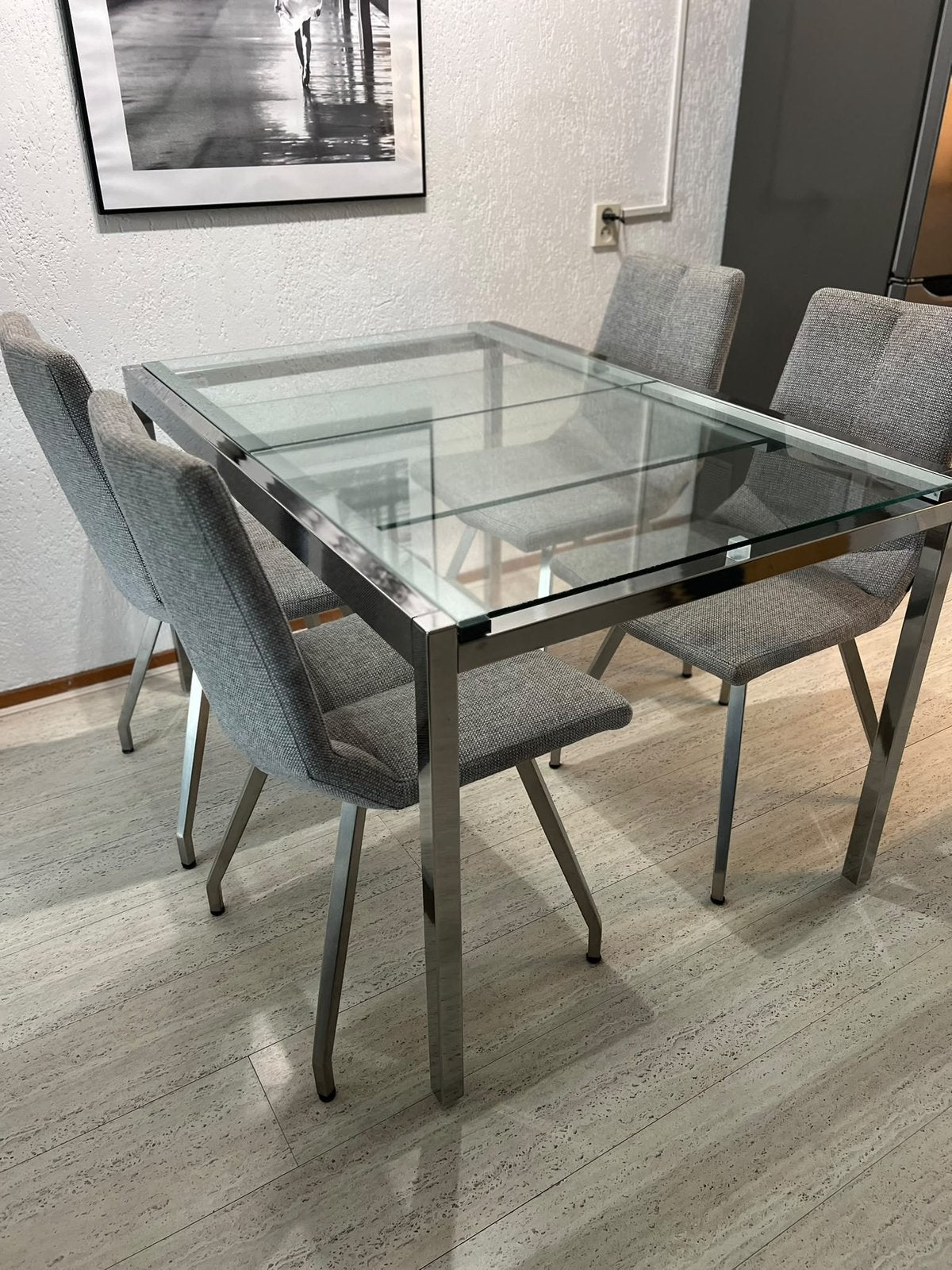 Glazen eettafel + gestoffeerde eettafel stoelen, Huis en Inrichting, Ophalen, Gebruikt, 100 tot 150 cm, 50 tot 100 cm