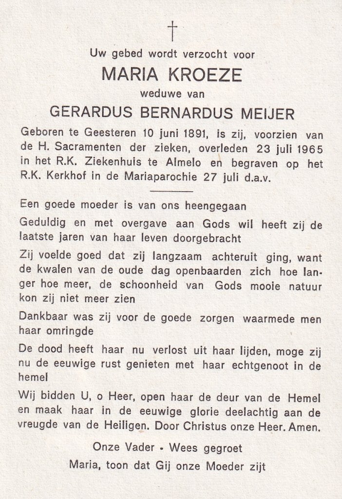 Kroeze Maria 1891 Geesteren 1965 Almelo, Verzamelen, Ophalen of Verzenden, Bidprentje